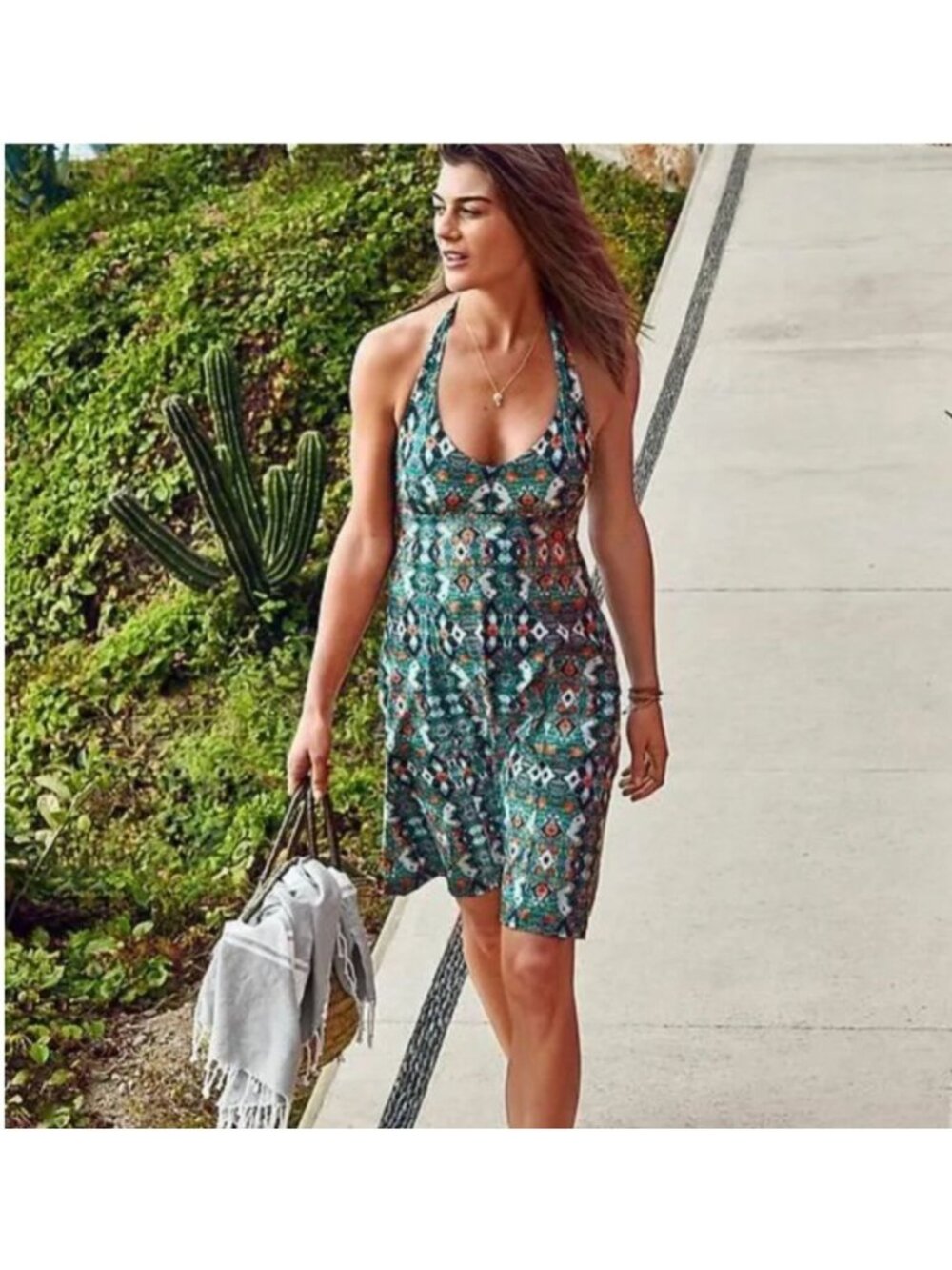 Athleta Size 10 Printed Racerback Midi Dress Built In Bra Stretch Travel Size 10